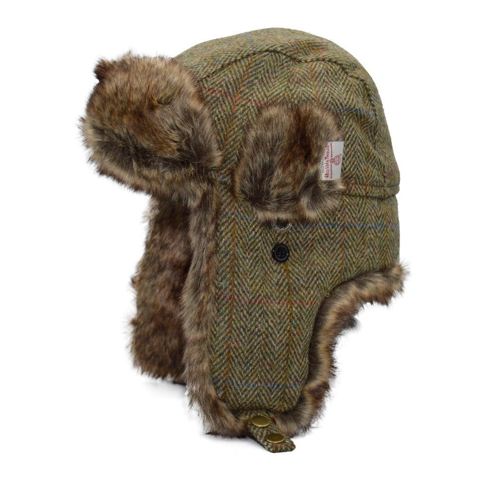 Pälsmössa Harris Tweed- Trapper Hat Moss Green